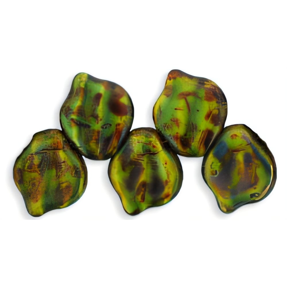 Czech Wavy Leaves 15 x 12mm Opaque Yellow/Jet - Picasso (25pcs)