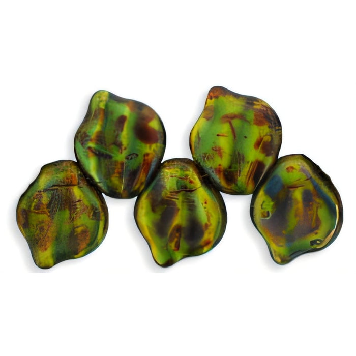 Czech Wavy Leaves 15 x 12mm Opaque Yellow/Jet - Picasso (25pcs)
