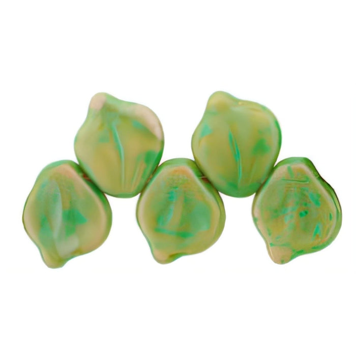 Czech Wavy Leaves 15 x 12mm Coral Pink/Olivine - Green Picasso (25pcs)
