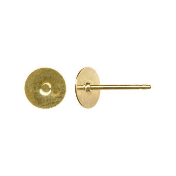 Gold Color Earring Post Finding w 6mm Flat Pad, AAA (1 Pair)