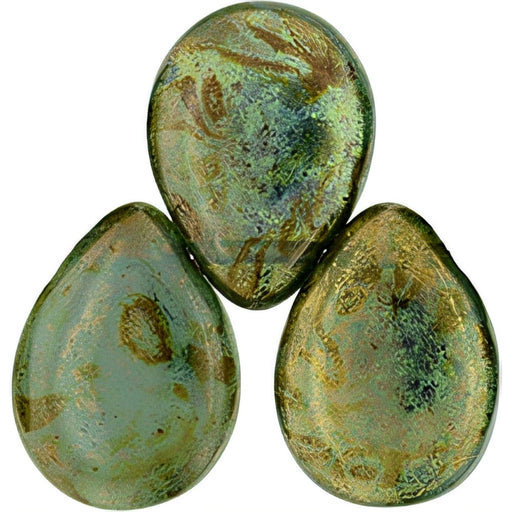 Czech Pear Shaped Drops 16 x 12mm Milky Peridot - Bronze Picasso (25pcs)