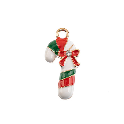 Sweet and Petite Enamel Holiday Charms, Candy Cane with Ribbon and Crystal 22x11mm (1 Piece)