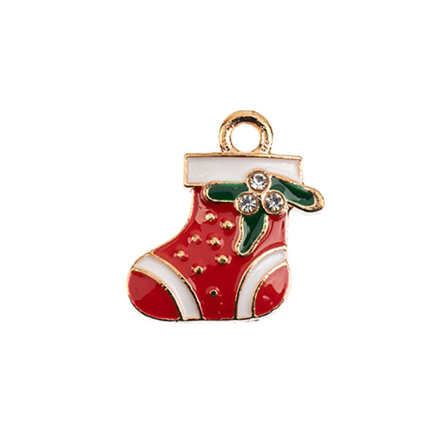 Sweet and Petite Enamel Holiday Charms, Christmas Stocking with Holly and Crystals 18x17mm (1 Piece)