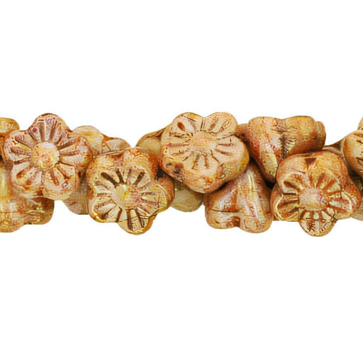 Czech Button Style Bead Flower 8mm Opaque White - Rose Gold Picasso (25pcs)