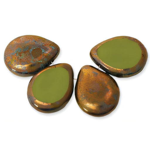 Czech Polished Drops 16 x 12mm Opaque Olive - Bronze Picasso