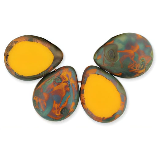 Czech Polished Drops 16 x 12mm Sunflower Yellow - Picasso