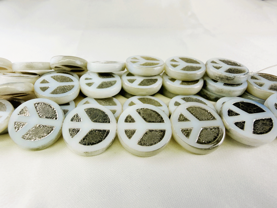 Czech Glass Peace Sign Bead 16mm - Alabaster White with Metallic Hematite (strand)
