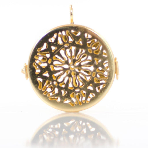 Brass Plated Shadow Box Pendant Frame, Round, 2 Sided Flower Filigree Pattern (1 Piece)