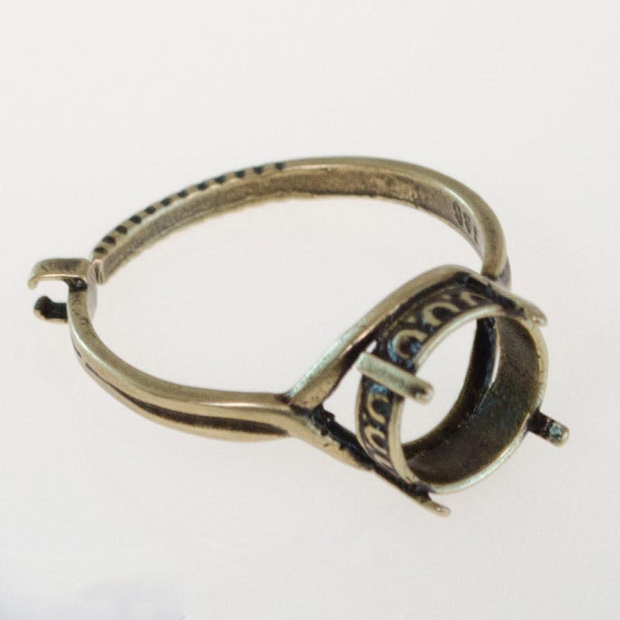 Ring Blank, 10mm Post Bezel Setting w Locking Adjustable Band, Antiqued Brass Plate (Each)