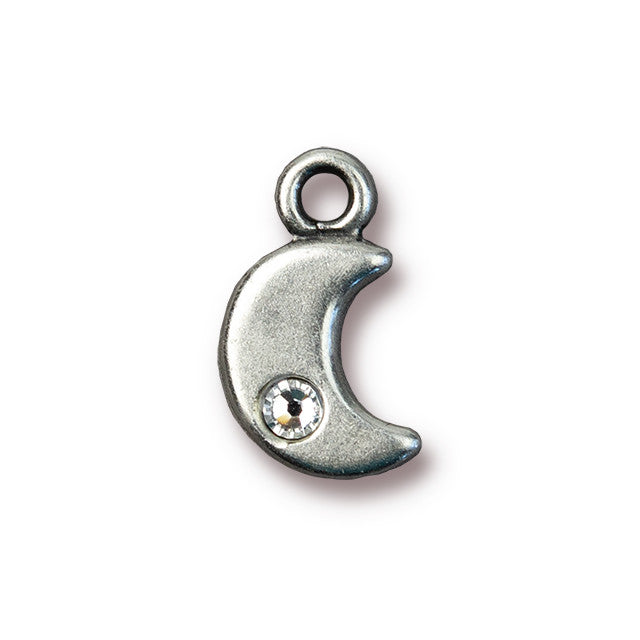 Metal Charm, Crescent Moon 14mm with SS9 Chaton Crystal, Antiqued Pewter, by TierraCast (1 Piece)