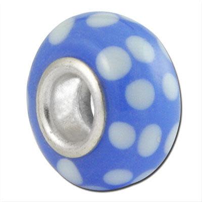13mm Blue with White Dots Large Metal Hole Glass Beads (3 Pieces)