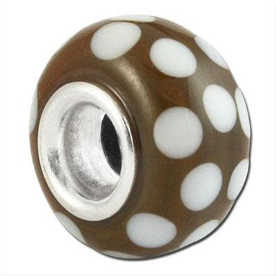 13mm Brown with White Dots Large Metal Hole Glass Beads (3 Pieces)
