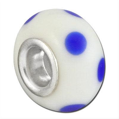 13mm White with Blue Dots Large Metal Hole Glass Beads (3 Pieces)