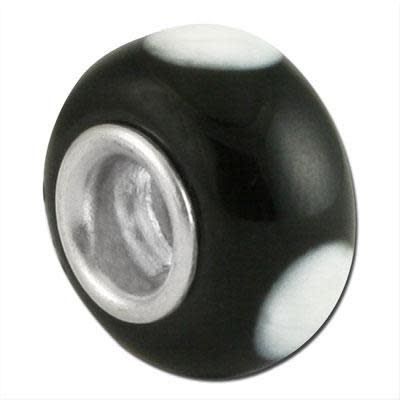 13mm Black with Large White Dots Large Metal Hole Glass Beads (3 Pieces)