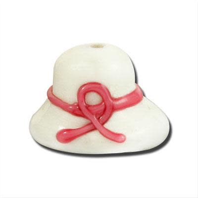 13mm White Hat with Pink Ribbon Lampwork Glass Beads (5 Pieces)