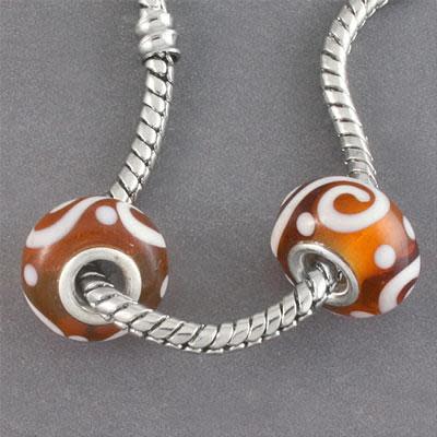 13mm Amber with White Pattern Rondelle Large Metal Hole Glass Beads (3 Pieces)