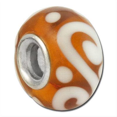 13mm Amber with White Pattern Rondelle Large Metal Hole Glass Beads (3 Pieces)