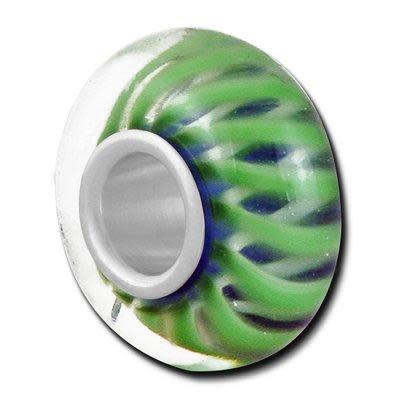 13mm Green with Zig-Zag Ribbon Large Hole Beads (3 Pieces)