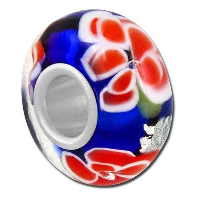 13mm Blue with Orange Flowers Large Hole Beads (3 Pieces)