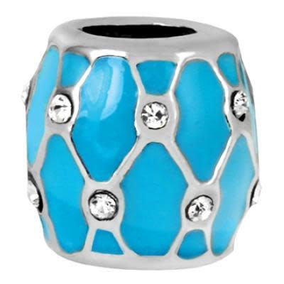 9mm Teal Lattice with Clear Rhinestones Large Hole Bead - Rhodium Plated (2 Pieces)