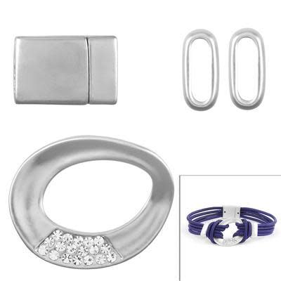 Matte Silver Rhinestone Link Bracelet Component Set for 2mm Round Leather