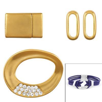 Matte Gold Rhinestone Link Bracelet Component Set for 2mm Round Leather