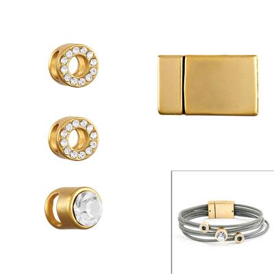 Matte Gold Rhinestone Slider Bracelet Component Set for 2mm Round Leather