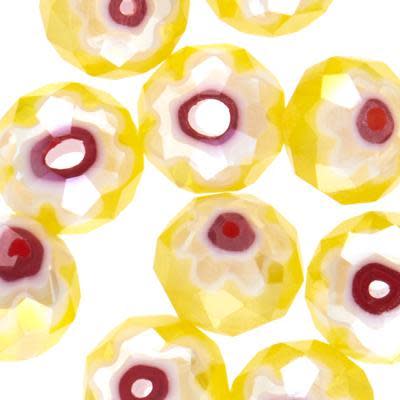 8mm Faceted Rondelle Yellow with Red Millefiori Beads with AB Finish (10 Pieces)