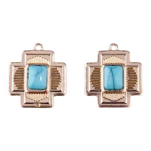 24mm Southwestern Cross Charm/Pendant with Faux Turquoise Center from the Sierra Collection - Gold Plated (1 Pair)