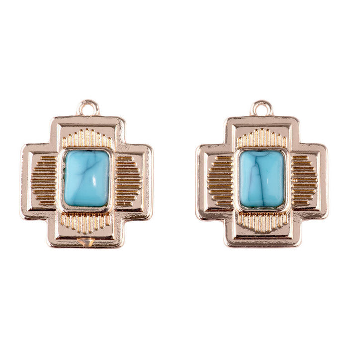 24mm Southwestern Cross Charm/Pendant with Faux Turquoise Center from the Sierra Collection - Gold Plated (1 Pair)