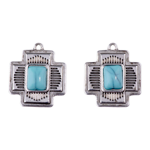 24mm Southwestern Cross Charm/Pendant with Faux Turquoise Center from the Sierra Collection - Silver Plated (1 Pair)
