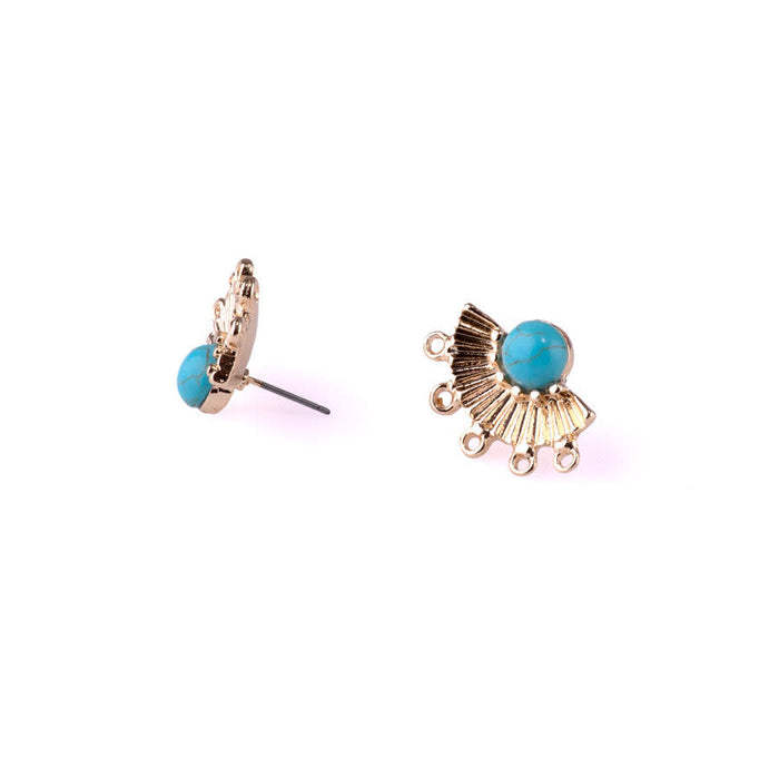 19x24mm Fan Earring Post Pair with Faux Turquoise Embellishment from the Global Collection - Gold Plated (1 Pair)