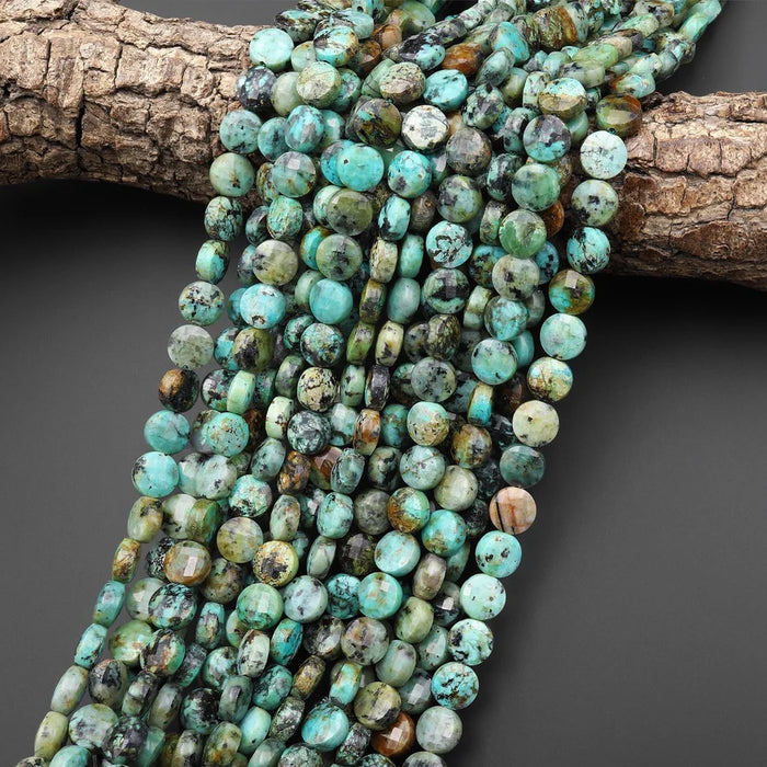 Natural African Turquoise Faceted Coin Bead Strand 6-8mm, 15.5 Inch - AAA Grade