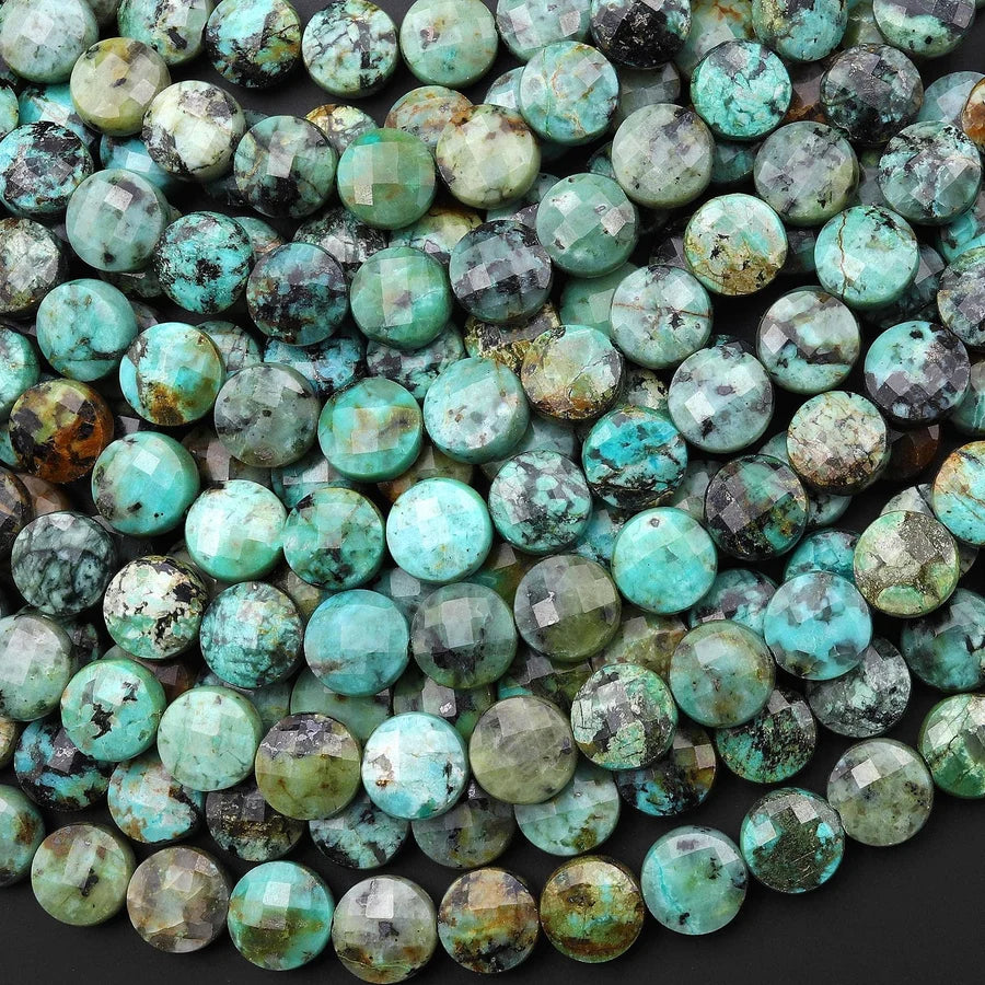 Natural African Turquoise Faceted Coin Bead Strand 6-8mm, 15.5 Inch - AAA Grade