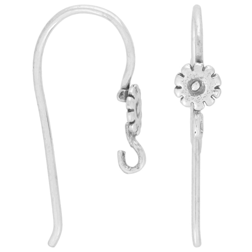 Earring Findings, Flat Flower Ear Wire 27mm, Sterling Silver (1 Pair)