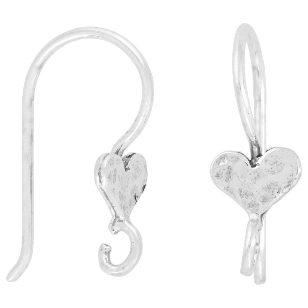 Sterling Silver Ear Wire, Small Dimple Hammered Heart with Dangle Loop 26mm 19 Gauge (1 Pair)