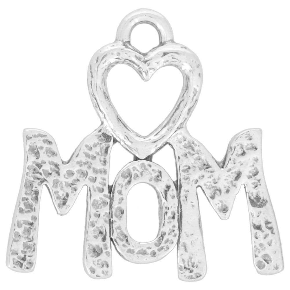 Charm, MOM writing with Heart at the Top 22.5x22mm, Sterling Silver (1 Piece)