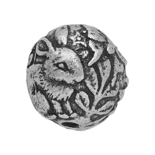 Green Girl Studios Focal Bead, Round Ball with Owl and Bunny Rabbit 13mm, 1 Piece, Pewter