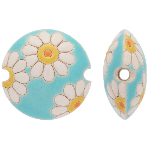 Golem Design Studio Ceramic Beads, 23mm Glazed Lentil Daisies, Light Blue/White (2 Pieces)