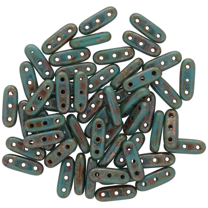 CzechMates Glass, 3-Hole Beam Beads 10x3.5mm, Persian Turquoise / Bronze Picasso (2.5" Tube)