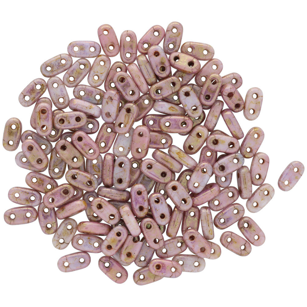 CzechMates Glass, 2-Hole Bar Beads 6x2mm, Opaque Rose / Gold Topaz Luster (2.5" Tube)