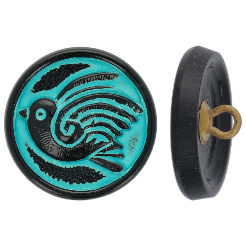 Czech Glass 18mm Round Bird Design Jet Black with Turquoise Wash Glass Button by Raven's Journey