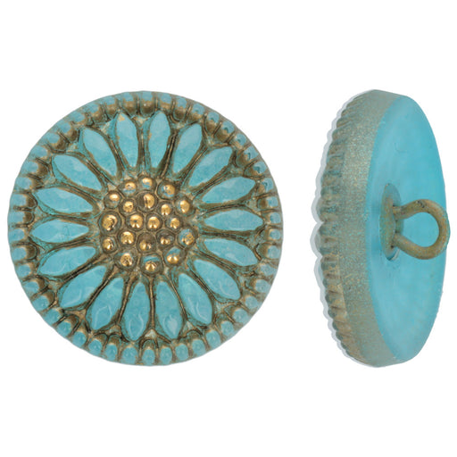 Czech Glass 18mm Round Sunflower Aqua with Gold Wash and Gold Paint Glass Button by Raven's Journey