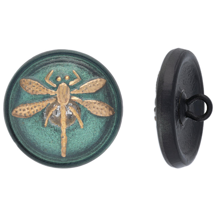 Czech Glass 18mm Round Dragonfly, Tourmaline Green with Gold Paint Button by Raven's Journey