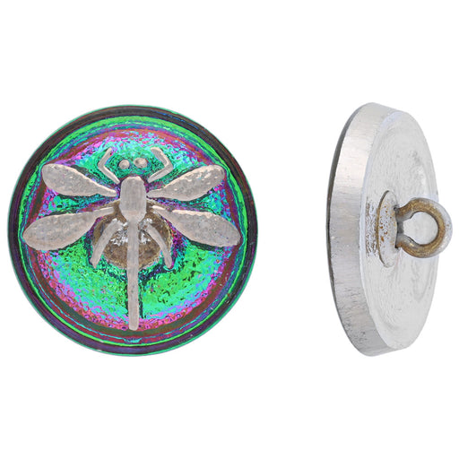 Czech Glass 18mm Round Dragonfly, Iridescent Platinum Paint Button by Raven's Journey