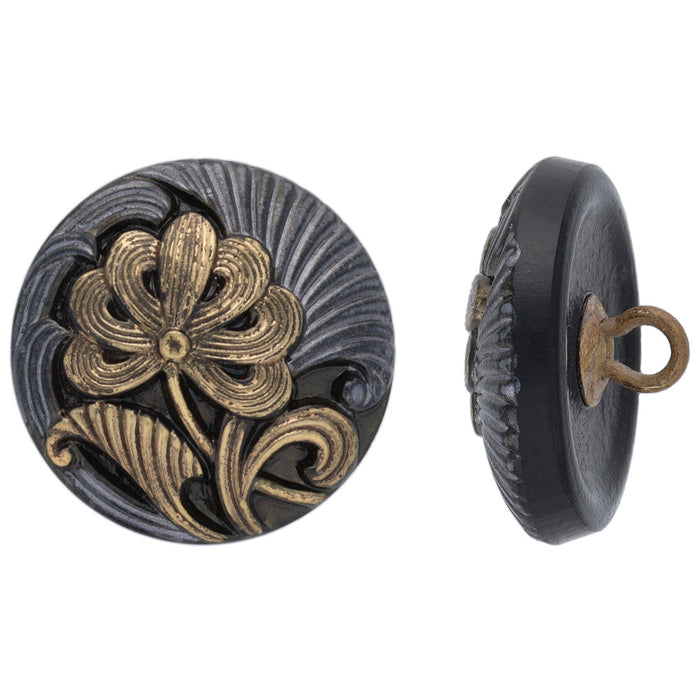 Czech Glass 18mm Round Flower, Metallic Black with Antiqued Gold Button by Raven's Journey