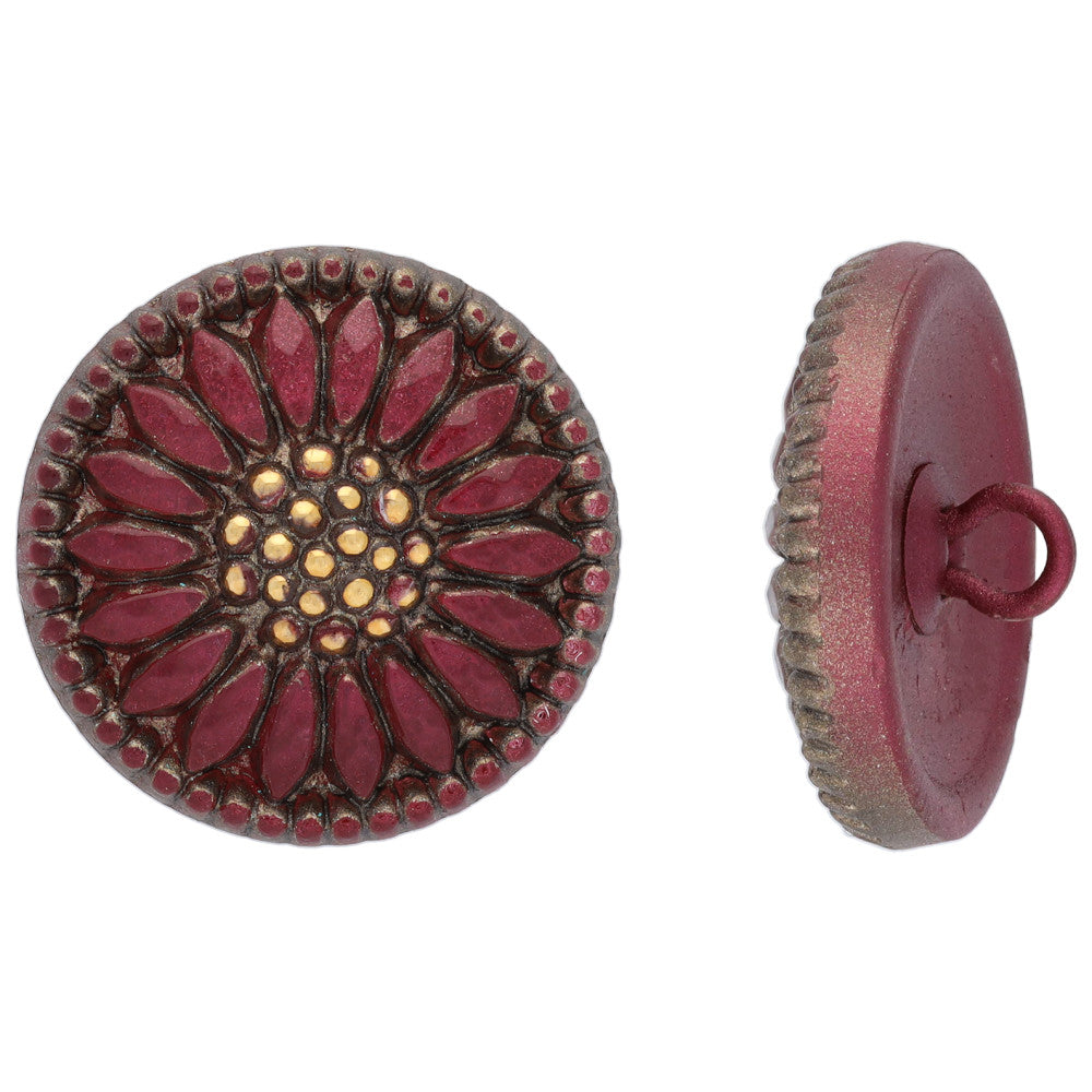 Czech Glass 18mm Round Sunflower, Deep Red with Antiqued Gold Paint Button by Raven's Journey