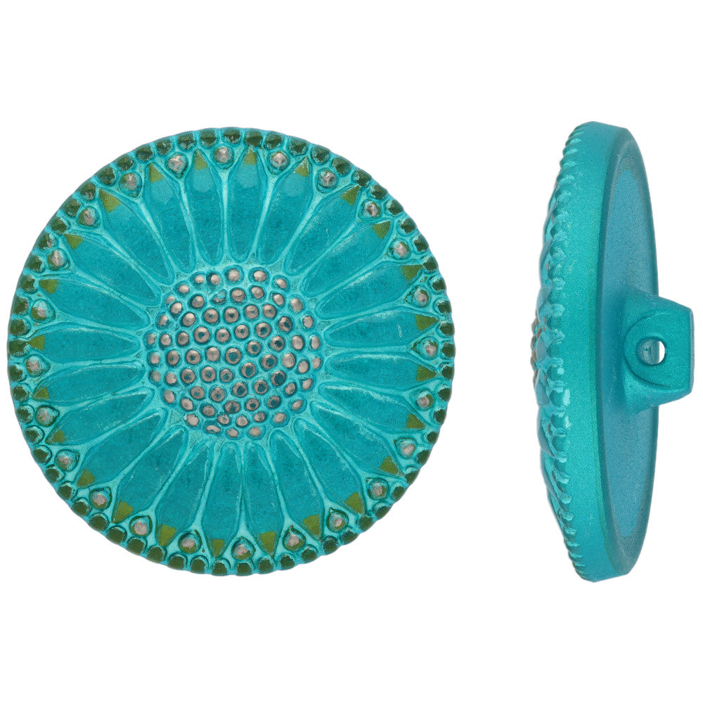 Czech Glass 32mm Round Sunflower, Turquoise Blue with Platinum Paint Button by Raven's Journey