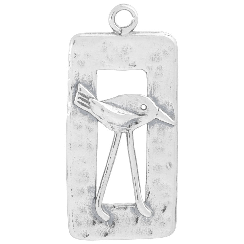 Sterling Silver Charm, Rectangle with Crane Bird 31.5x15mm, 1 Piece