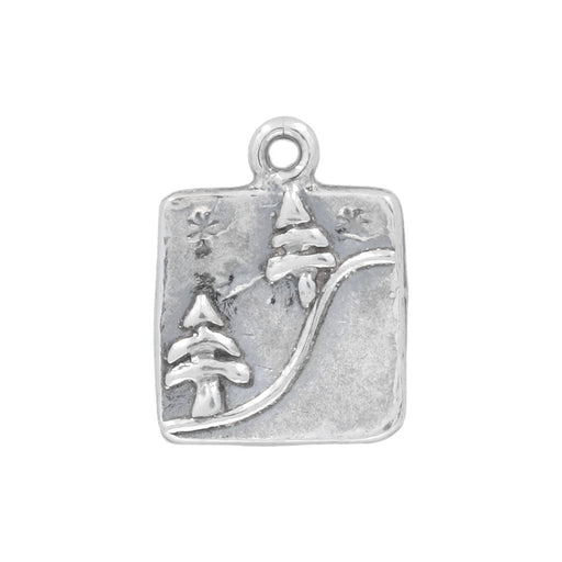 Sterling Silver Charm, Square with Dual Pine Trees 12.5x10mm (1 Piece)